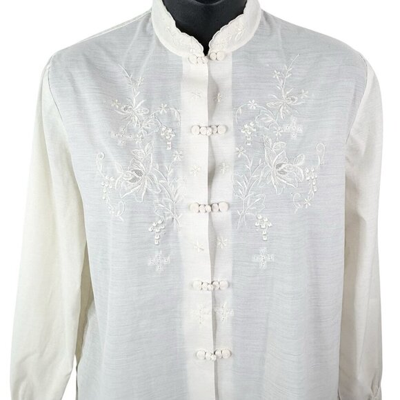 VTG 80s Hand Embroidered & Cutwork Ivory Asian Inspired Top Women’s L Daffodil - Picture 1 of 10